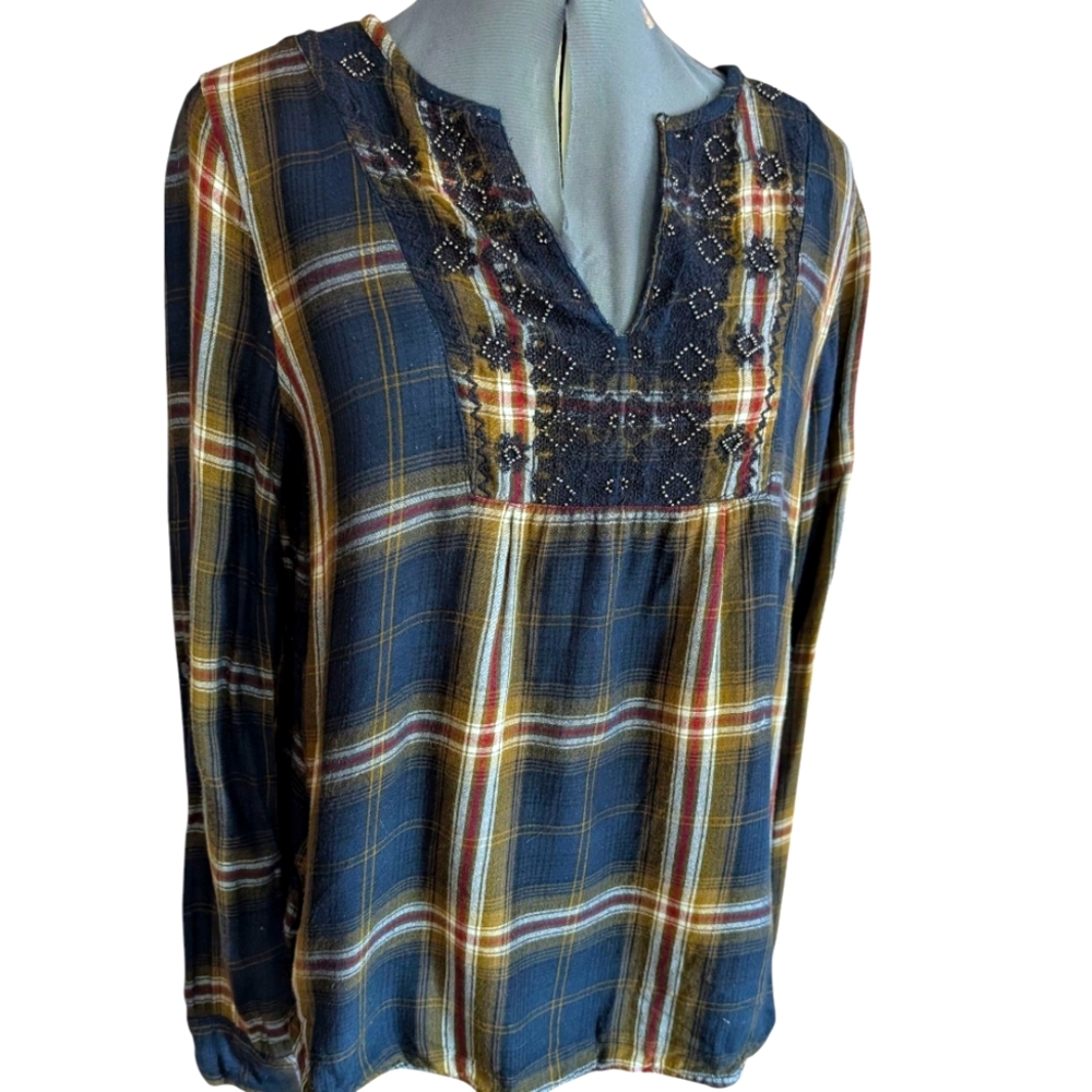 Abercrombie & Fitch‎ Y2K Vintage women's Plaid Woven Beaded Tunic Top Boho